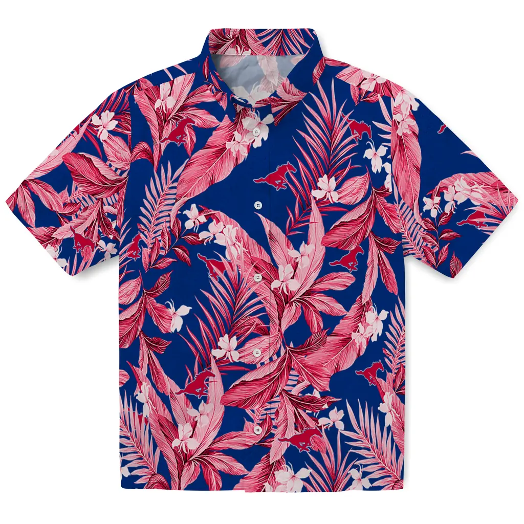 SMU Mustangs Hawaiian Shirt - Palm Leaves smu mustangs palm leaves blue hawaiian shirts best selling