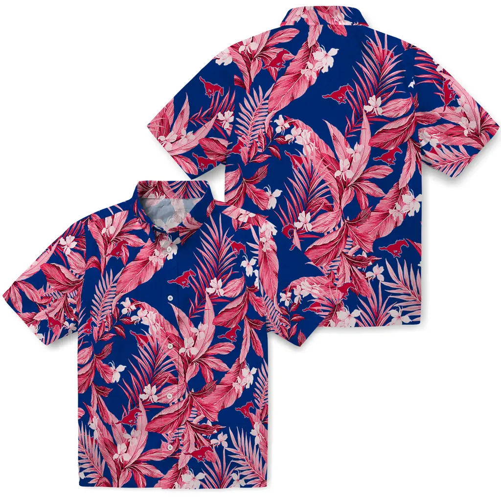 SMU Mustangs Hawaiian Shirt - Palm Leaves smu mustangs palm leaves blue hawaiian shirts high quality