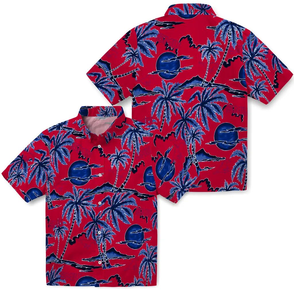 SMU Mustangs Hawaiian Shirt - Palm Sunset smu mustangs palm sunset hawaiian shirts high quality