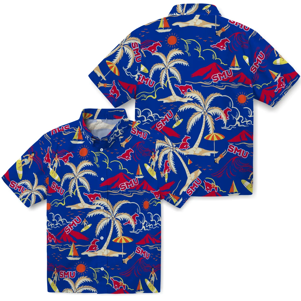 SMU Mustangs Hawaiian Shirt - Palm Tree Island smu mustangs palm tree island blue hawaiian shirts high quality