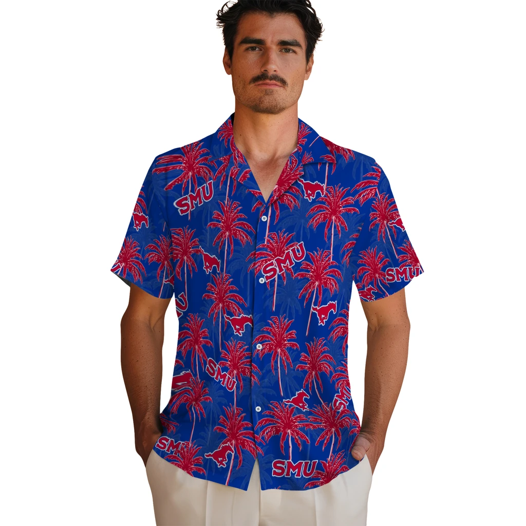 SMU Mustangs Hawaiian Shirt - Palm Tree Motif smu mustangs palm grove blue hawaiian shirts fashion forward