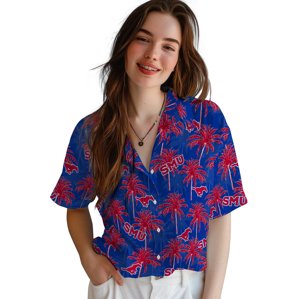 SMU Mustangs Hawaiian Shirt - Palm Tree Motif smu mustangs palm grove blue hawaiian shirts latest model