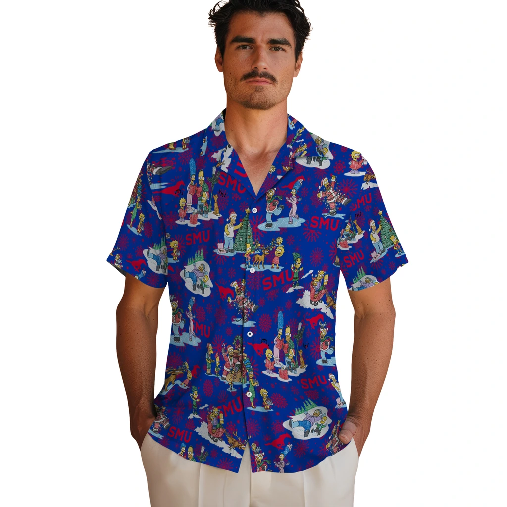 SMU Mustangs Hawaiian Shirt - Simpsons Christmas smu mustangs simpsons christmas blue hawaiian shirts fashion forward