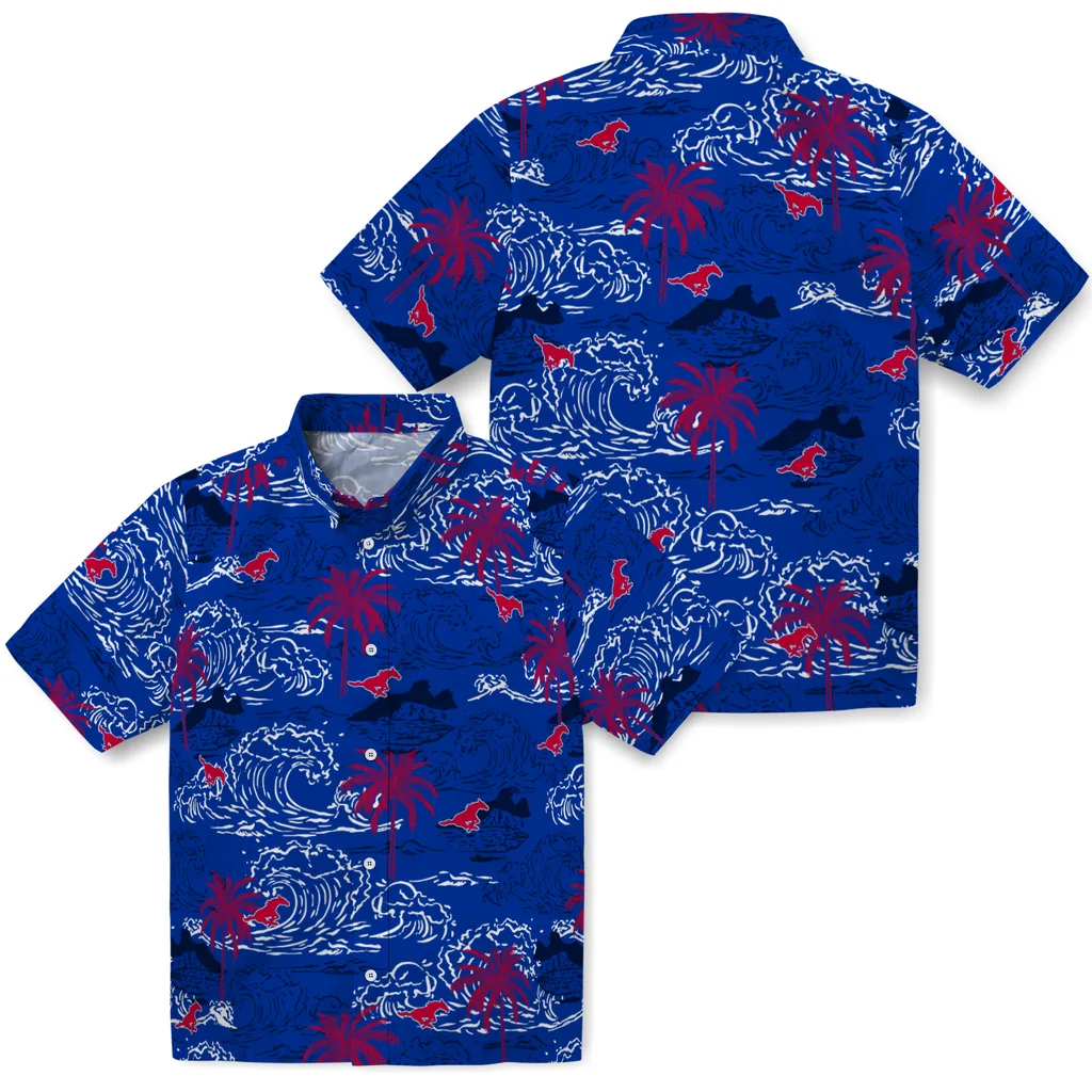 SMU Mustangs Hawaiian Shirt - Wave Palm smu mustangs wave palm blue hawaiian shirts high quality