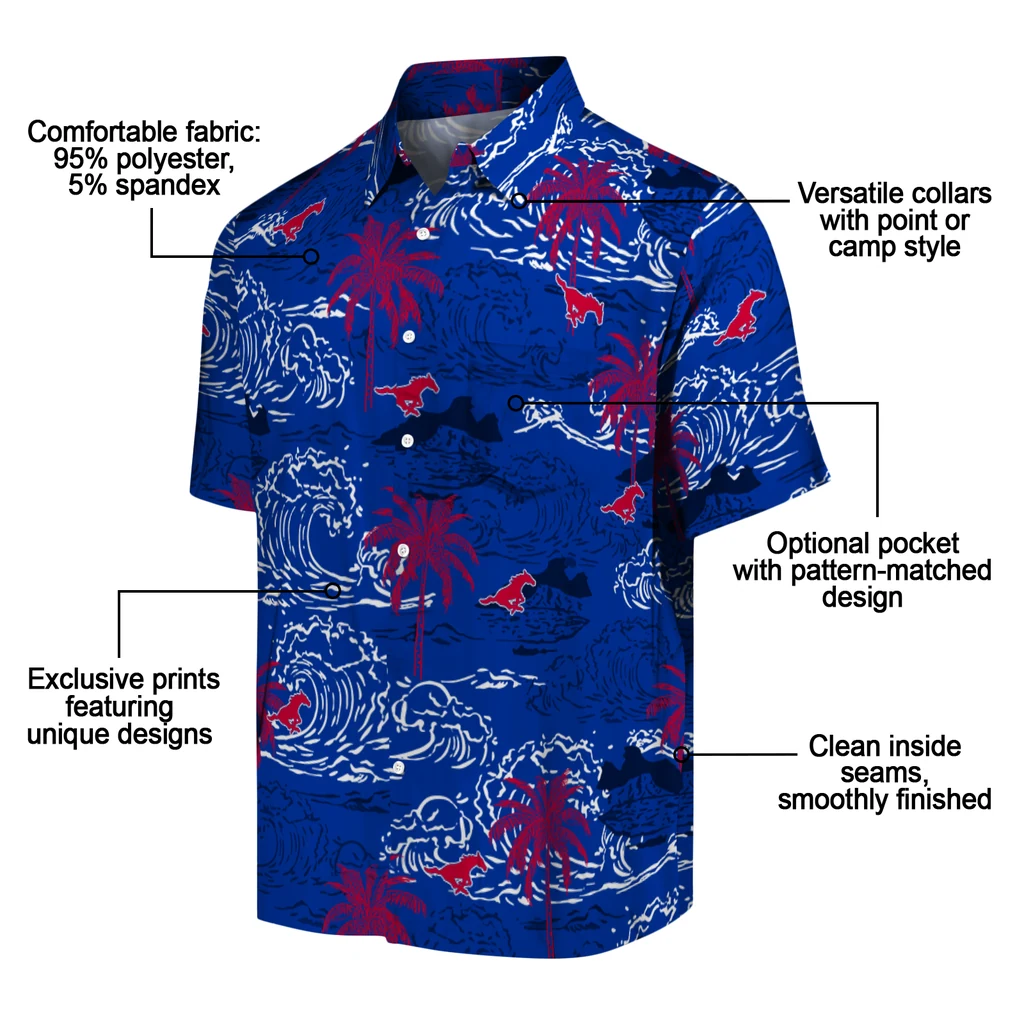 SMU Mustangs Hawaiian Shirt - Wave Palm smu mustangs wave palm blue hawaiian shirts new arrival