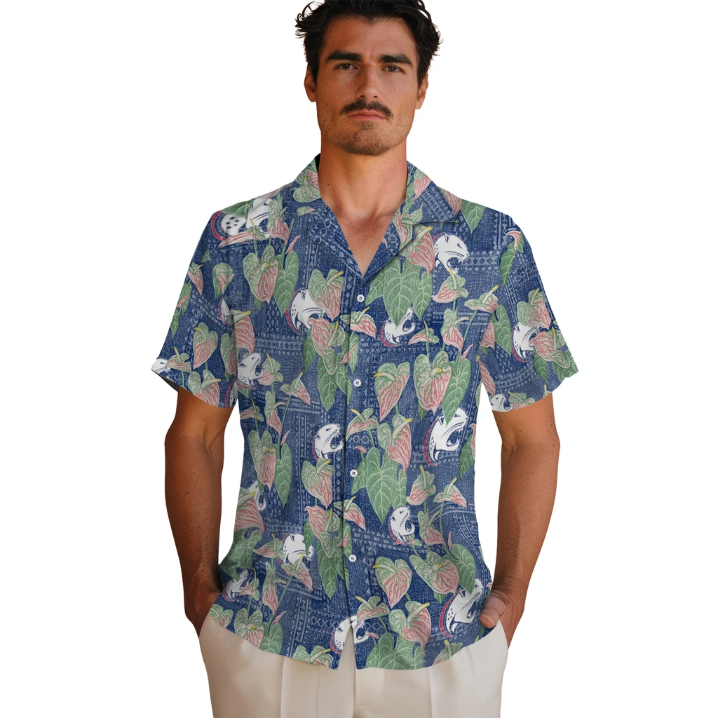 South Alabama Jaguars Hawaiian Shirt - Anthurium Overlay south alabama jaguars anthurium overlay blue hawaiian shirts fashion forward