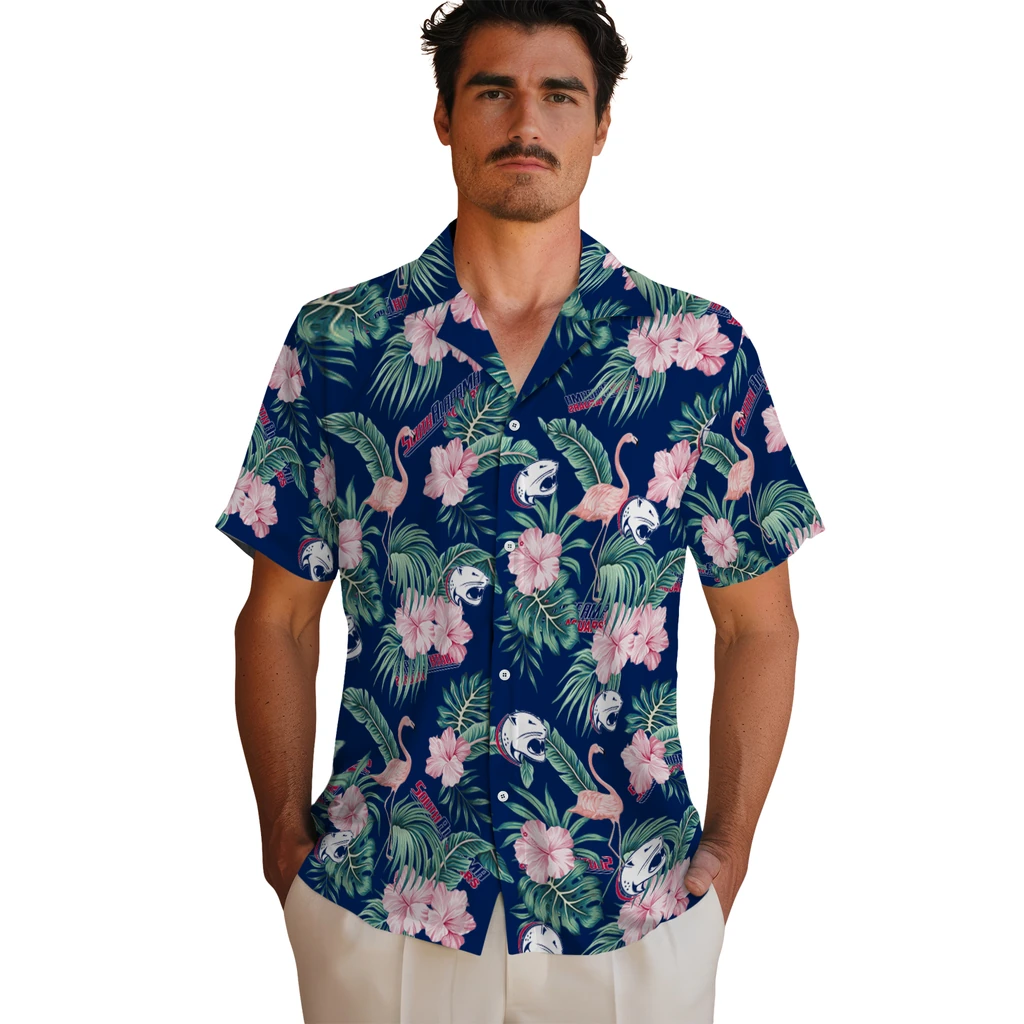 South Alabama Jaguars Hawaiian Shirt - Flamingo and Hibiscus south alabama jaguars flamingo palms blue hawaiian shirts fashion forward