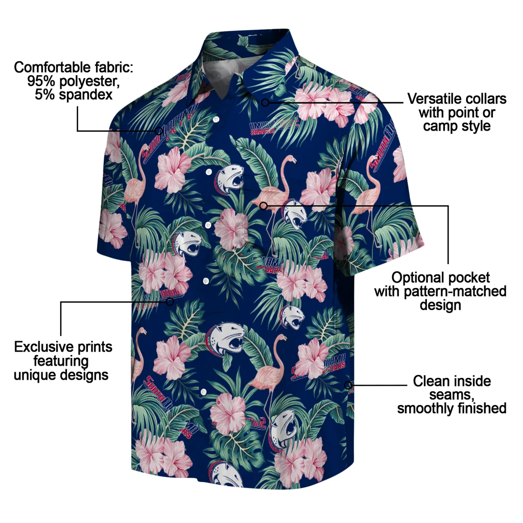 South Alabama Jaguars Hawaiian Shirt - Flamingo and Hibiscus south alabama jaguars flamingo palms blue hawaiian shirts new arrival