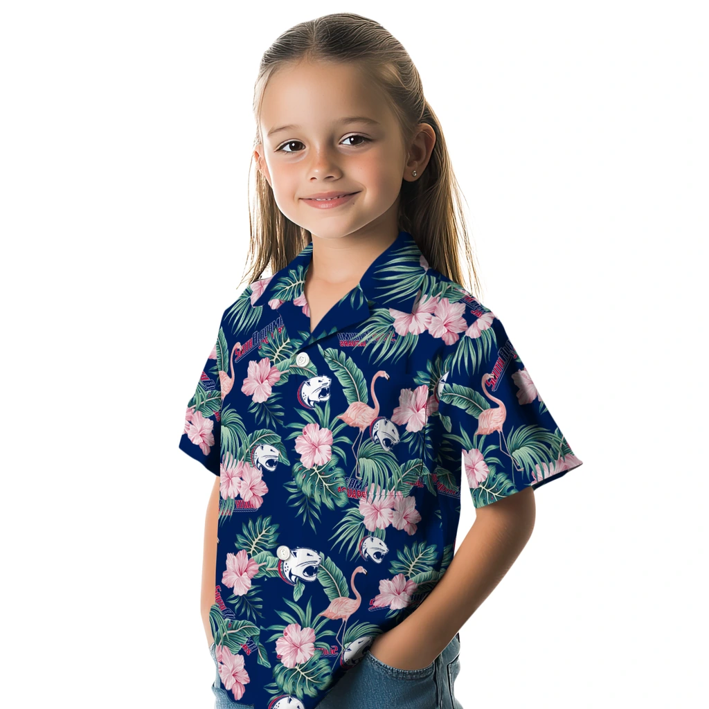 South Alabama Jaguars Hawaiian Shirt - Flamingo and Hibiscus south alabama jaguars flamingo palms blue hawaiian shirts premium grade