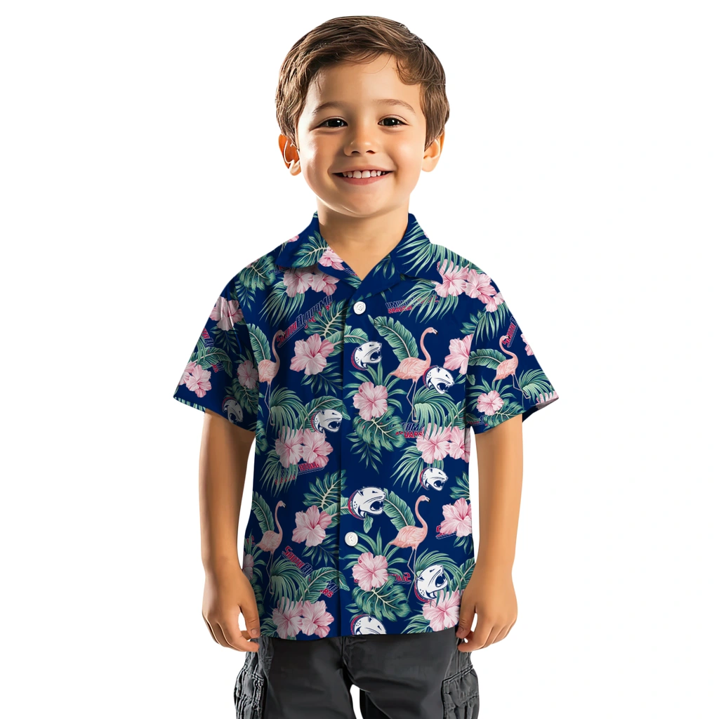 South Alabama Jaguars Hawaiian Shirt - Flamingo and Hibiscus south alabama jaguars flamingo palms blue hawaiian shirts top rated