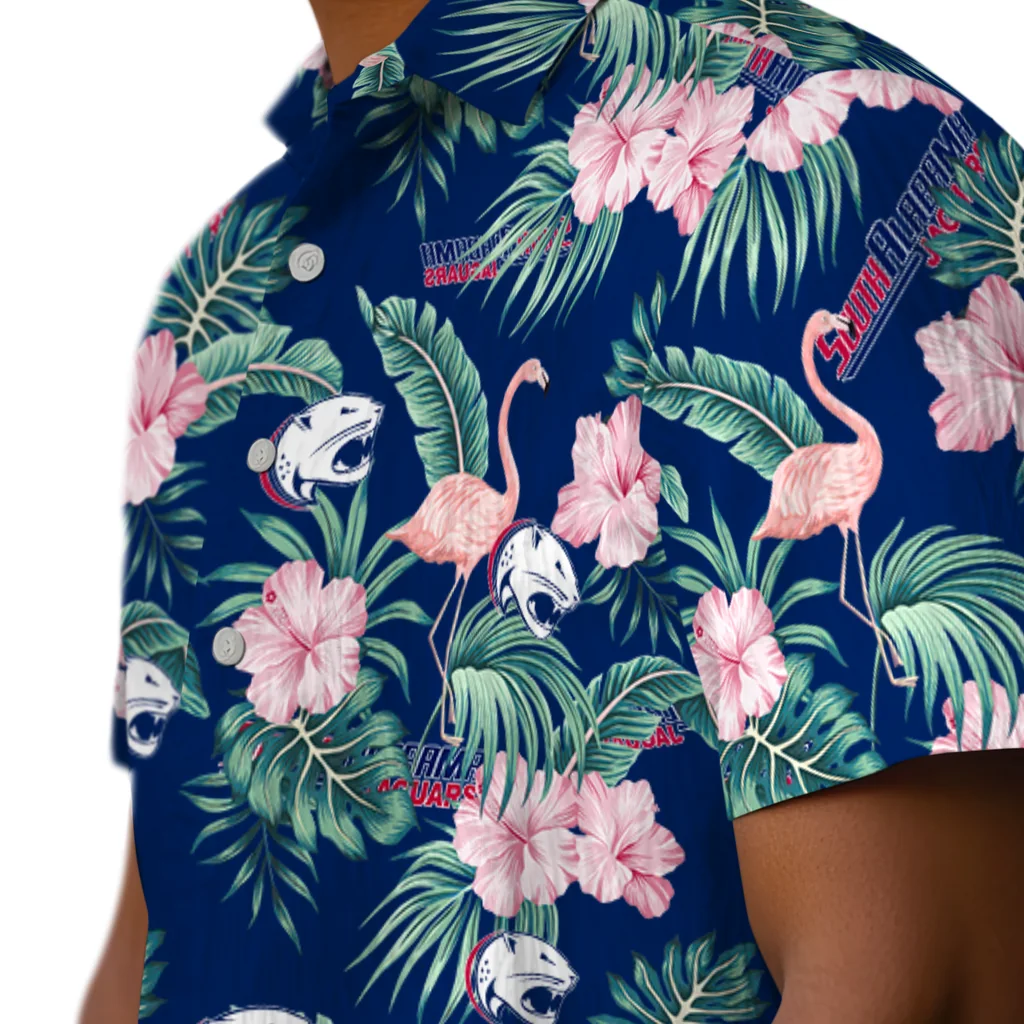South Alabama Jaguars Hawaiian Shirt - Flamingo and Hibiscus south alabama jaguars flamingo palms blue hawaiian shirts trendy