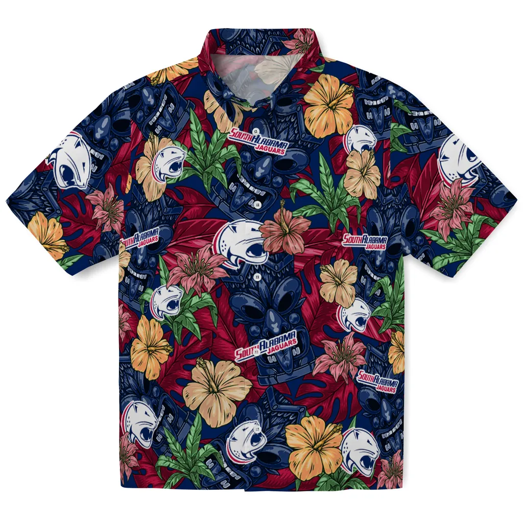 South Alabama Jaguars Hawaiian Shirt - Hibiscus Tiki Jungle south alabama jaguars tiki jungle blue hawaiian shirts best selling