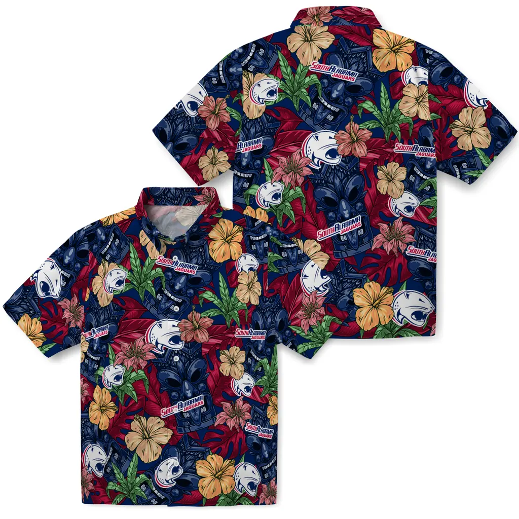 South Alabama Jaguars Hawaiian Shirt - Hibiscus Tiki Jungle south alabama jaguars tiki jungle blue hawaiian shirts high quality