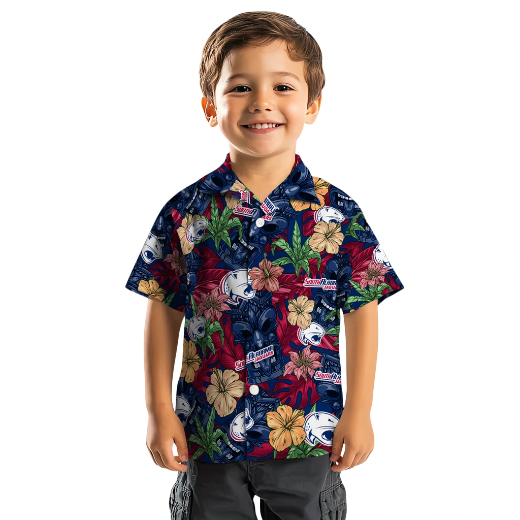 South Alabama Jaguars Hawaiian Shirt - Hibiscus Tiki Jungle south alabama jaguars tiki jungle blue hawaiian shirts top rated