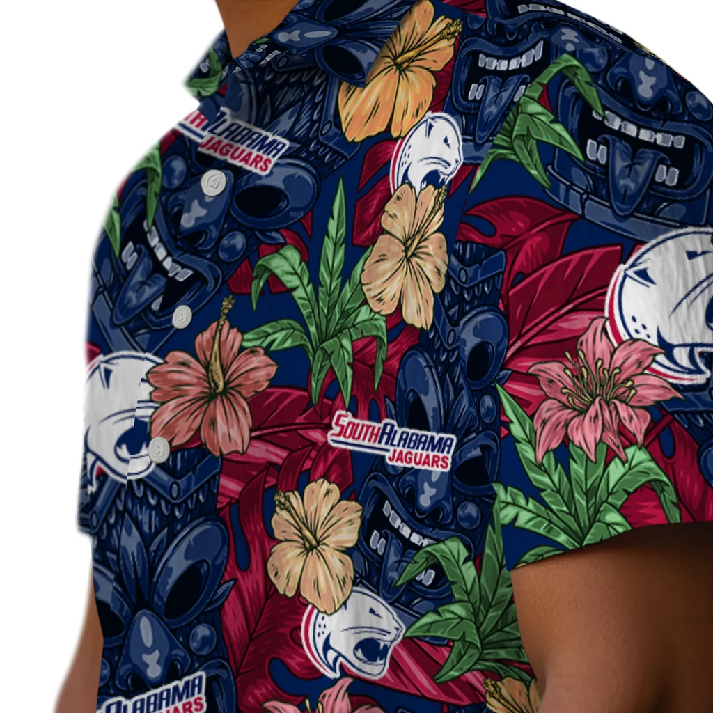 South Alabama Jaguars Hawaiian Shirt - Hibiscus Tiki Jungle south alabama jaguars tiki jungle blue hawaiian shirts trendy