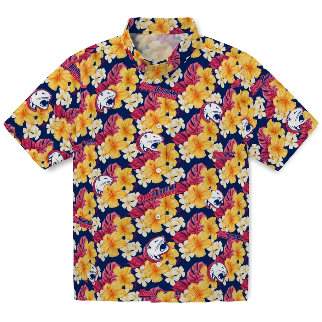 South Alabama Jaguars Hawaiian Shirt - Hibiscus Tropics south alabama jaguars hibiscus tropics blue yellow hawaiian shirts best selling
