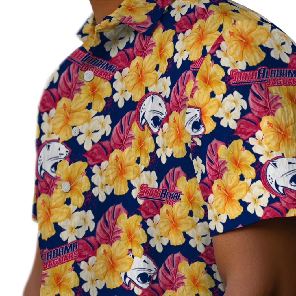 South Alabama Jaguars Hawaiian Shirt - Hibiscus Tropics south alabama jaguars hibiscus tropics blue yellow hawaiian shirts trendy