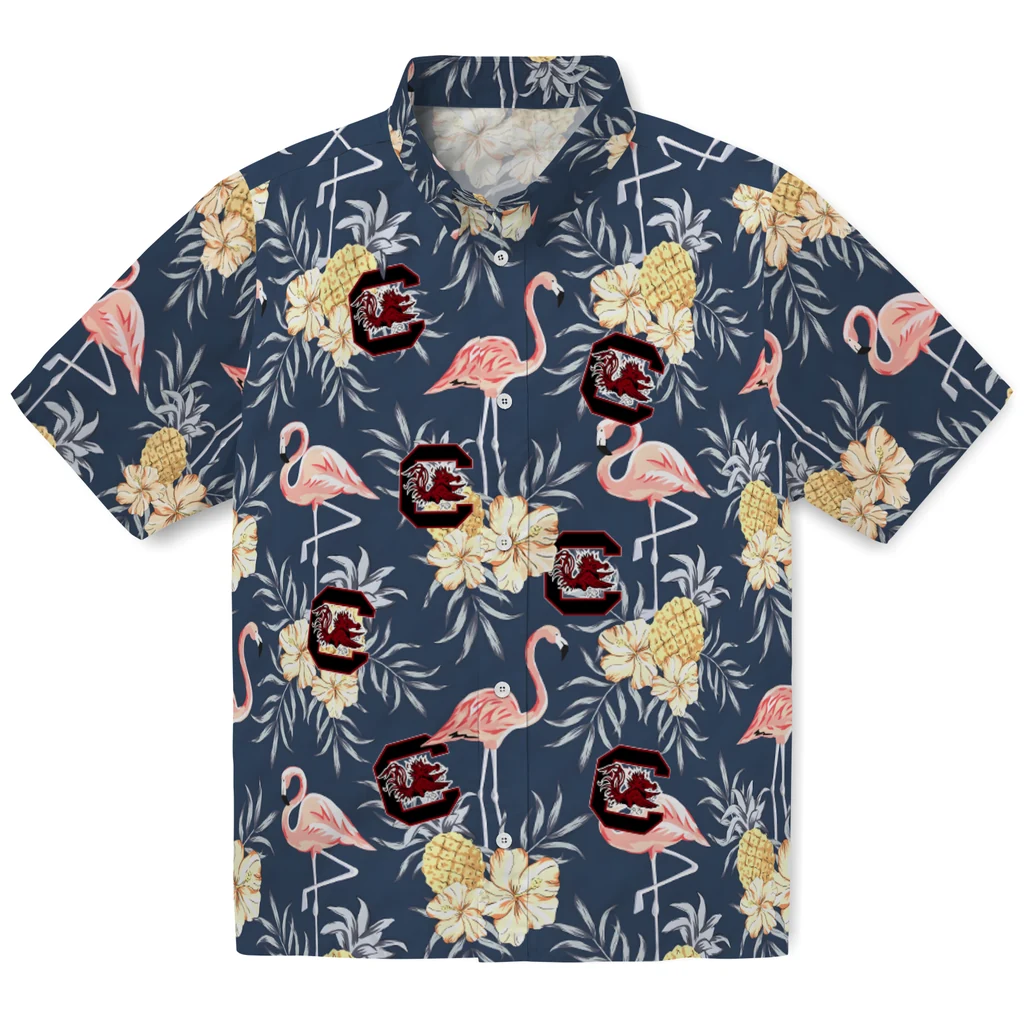 South Carolina Gamecocks Hawaiian Shirt - Flamingo Hibiscus south carolina gamecocks flamingo hibiscus navy hawaiian shirts best selling