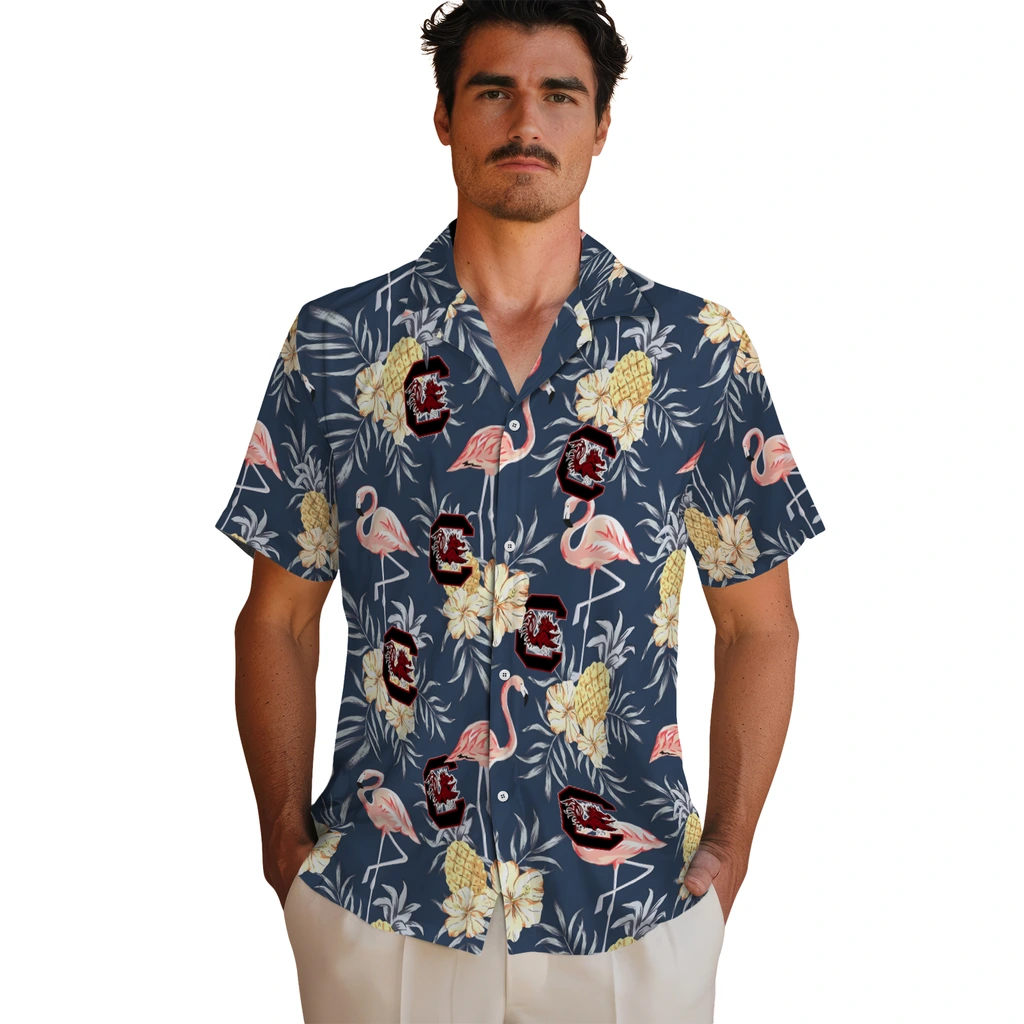 South Carolina Gamecocks Hawaiian Shirt - Flamingo Hibiscus south carolina gamecocks flamingo hibiscus navy hawaiian shirts fashion forward