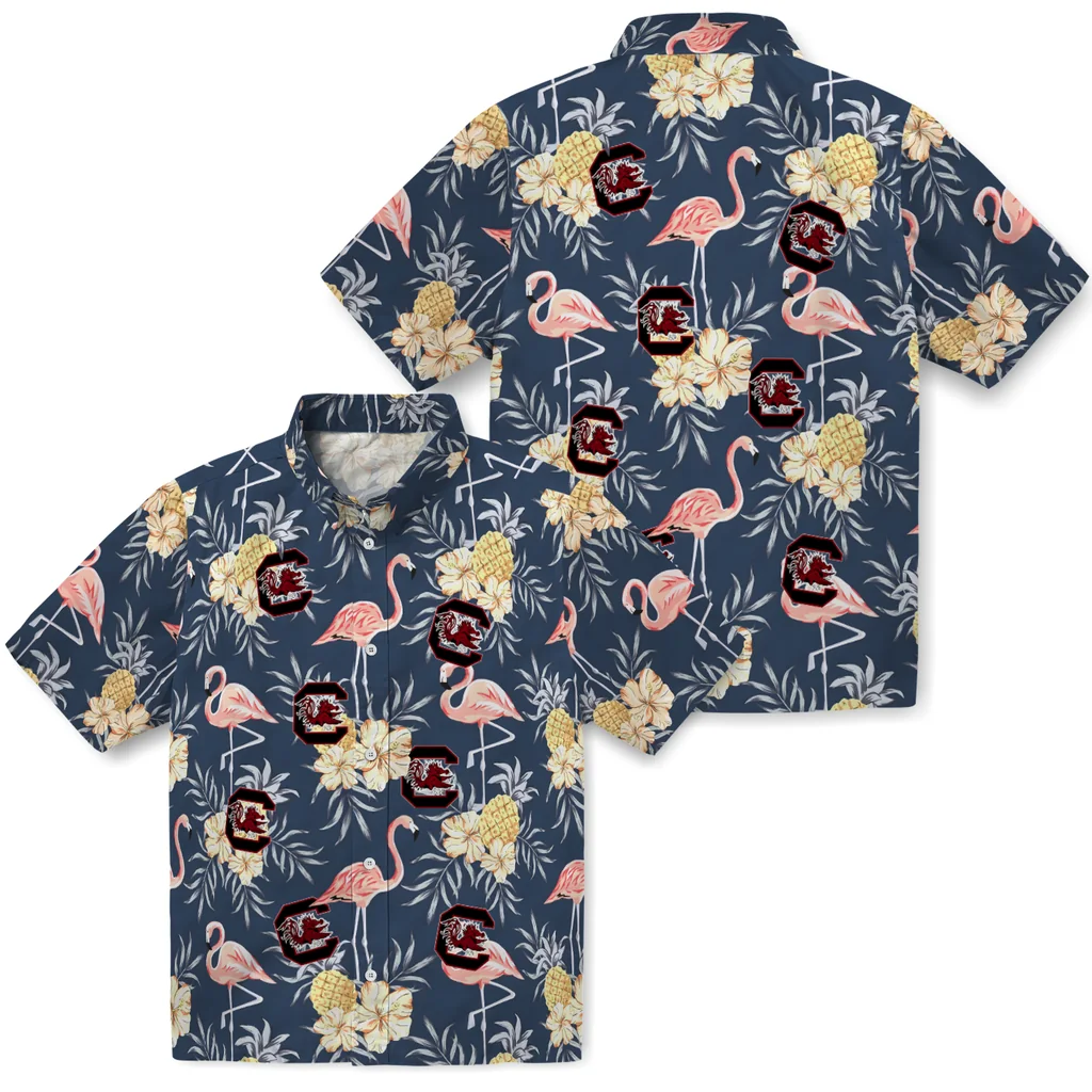 South Carolina Gamecocks Hawaiian Shirt - Flamingo Hibiscus south carolina gamecocks flamingo hibiscus navy hawaiian shirts high quality