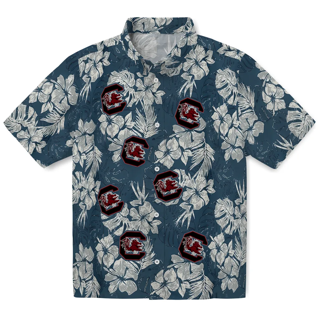 South Carolina Gamecocks Hawaiian Shirt - Hibiscus Flowers south carolina gamecocks hibiscus flowers navy blue hawaiian shirts best selling