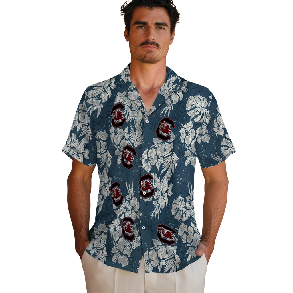 South Carolina Gamecocks Hawaiian Shirt - Hibiscus Flowers south carolina gamecocks hibiscus flowers navy blue hawaiian shirts fashion forward