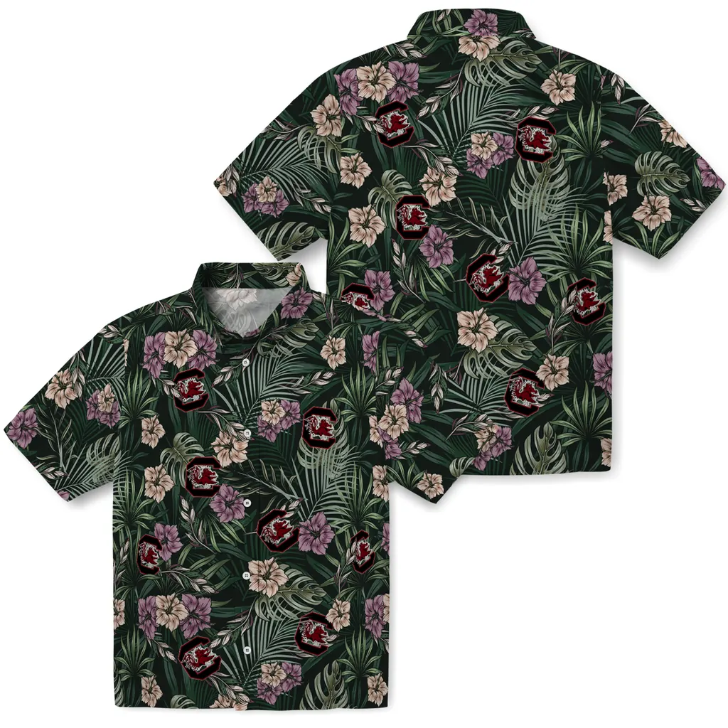 South Carolina Gamecocks Hawaiian Shirt - Hibiscus Leaves Pattern south carolina gamecocks hibiscus leaves pattern green hawaiian shirts high quality