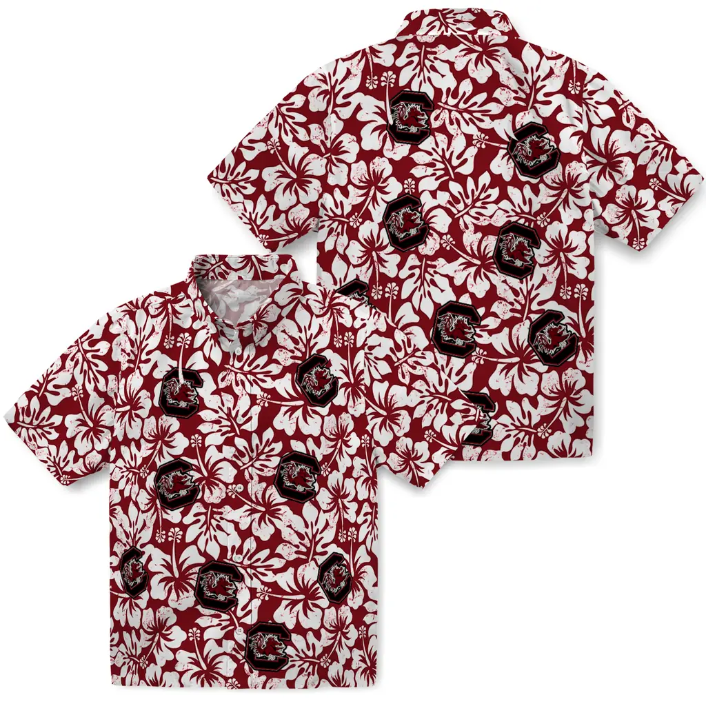 South Carolina Gamecocks Hawaiian Shirt - Hibiscus Motif south carolina gamecocks hibiscus motif garnet white hawaiian shirts high quality