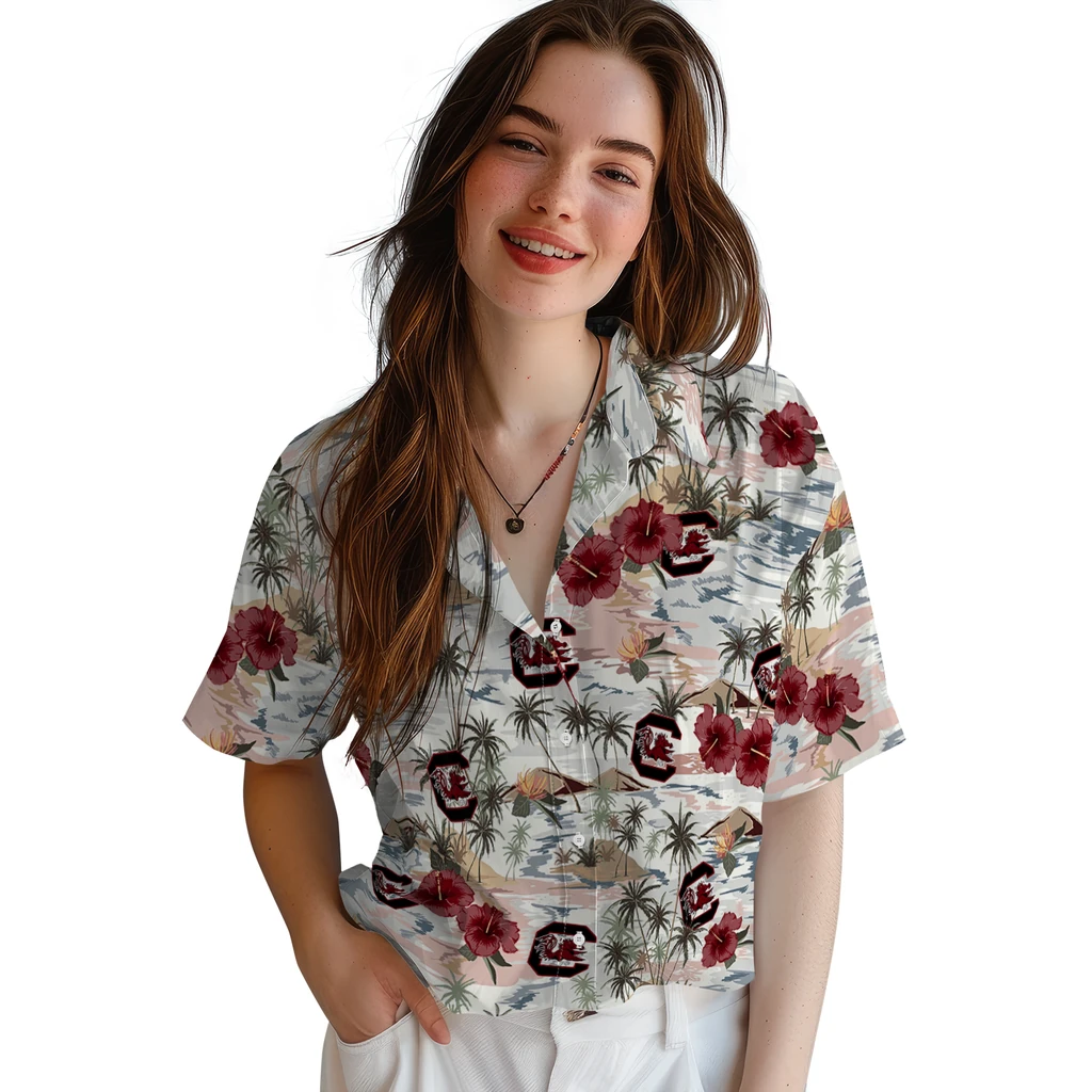 South Carolina Gamecocks Hawaiian Shirt - Hibiscus Seaside south carolina gamecocks hibiscus seaside white hawaiian shirts latest model