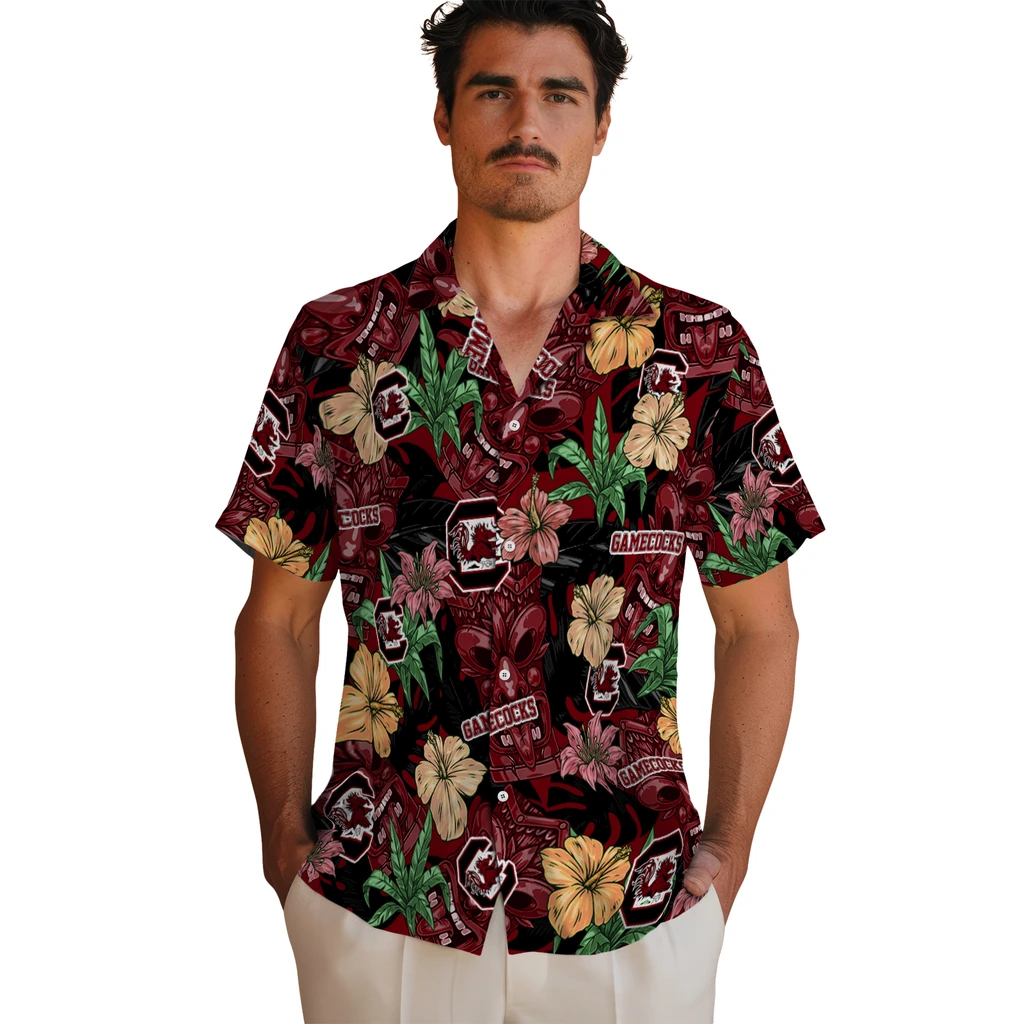 South Carolina Gamecocks Hawaiian Shirt - Hibiscus Tiki Jungle south carolina gamecocks tiki jungle garnet hawaiian shirts fashion forward