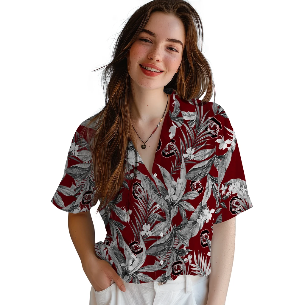 South Carolina Gamecocks Hawaiian Shirt - Palm Leaves south carolina gamecocks palm leaves garnet hawaiian shirts latest model