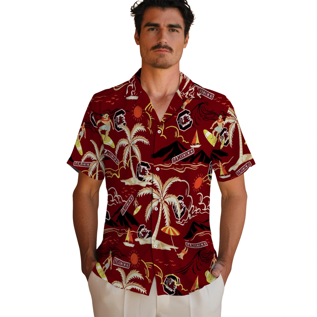 South Carolina Gamecocks Hawaiian Shirt - Palm Tree Island south carolina gamecocks palm tree island garnet hawaiian shirts fashion forward