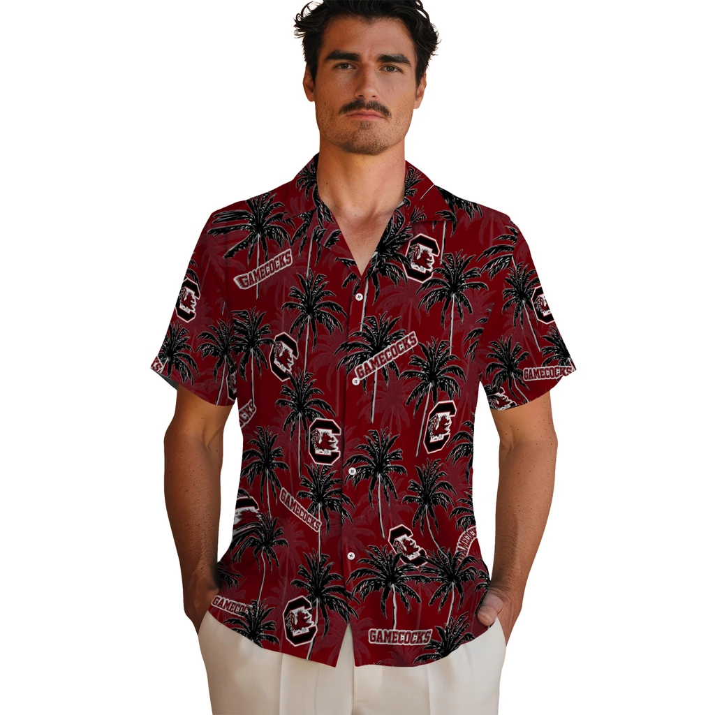 South Carolina Gamecocks Hawaiian Shirt - Palm Tree Motif south carolina gamecocks palm grove garnet hawaiian shirts fashion forward