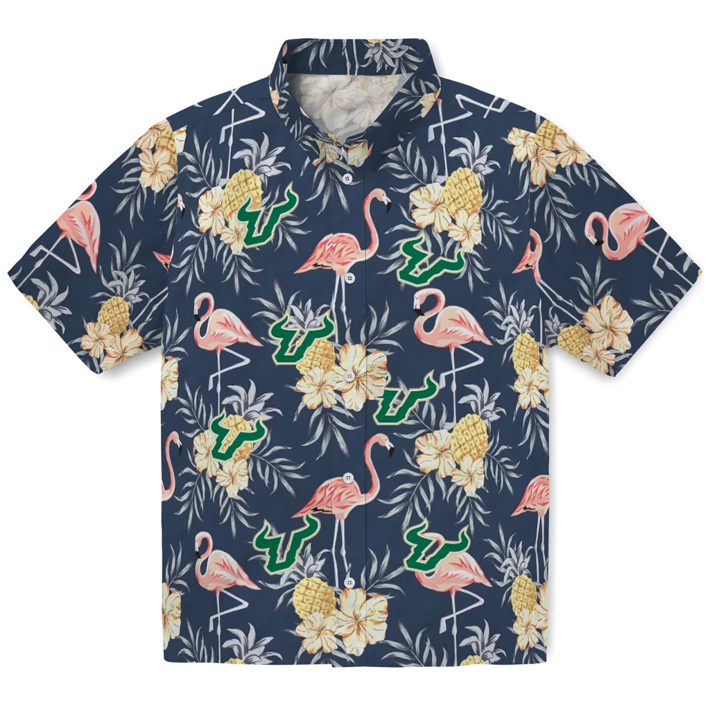 South Florida Bulls Hawaiian Shirt - Flamingo Hibiscus south florida bulls flamingo hibiscus navy hawaiian shirts best selling