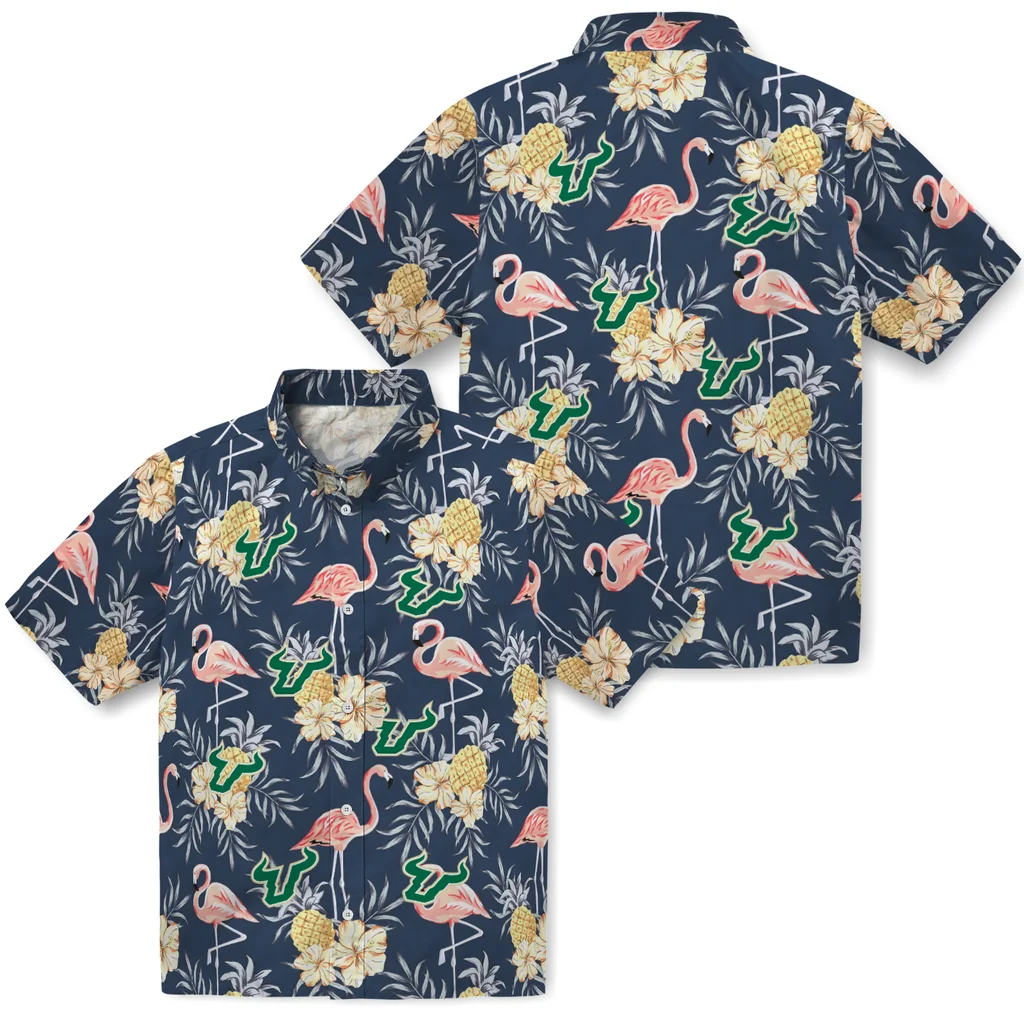 South Florida Bulls Hawaiian Shirt - Flamingo Hibiscus south florida bulls flamingo hibiscus navy hawaiian shirts high quality