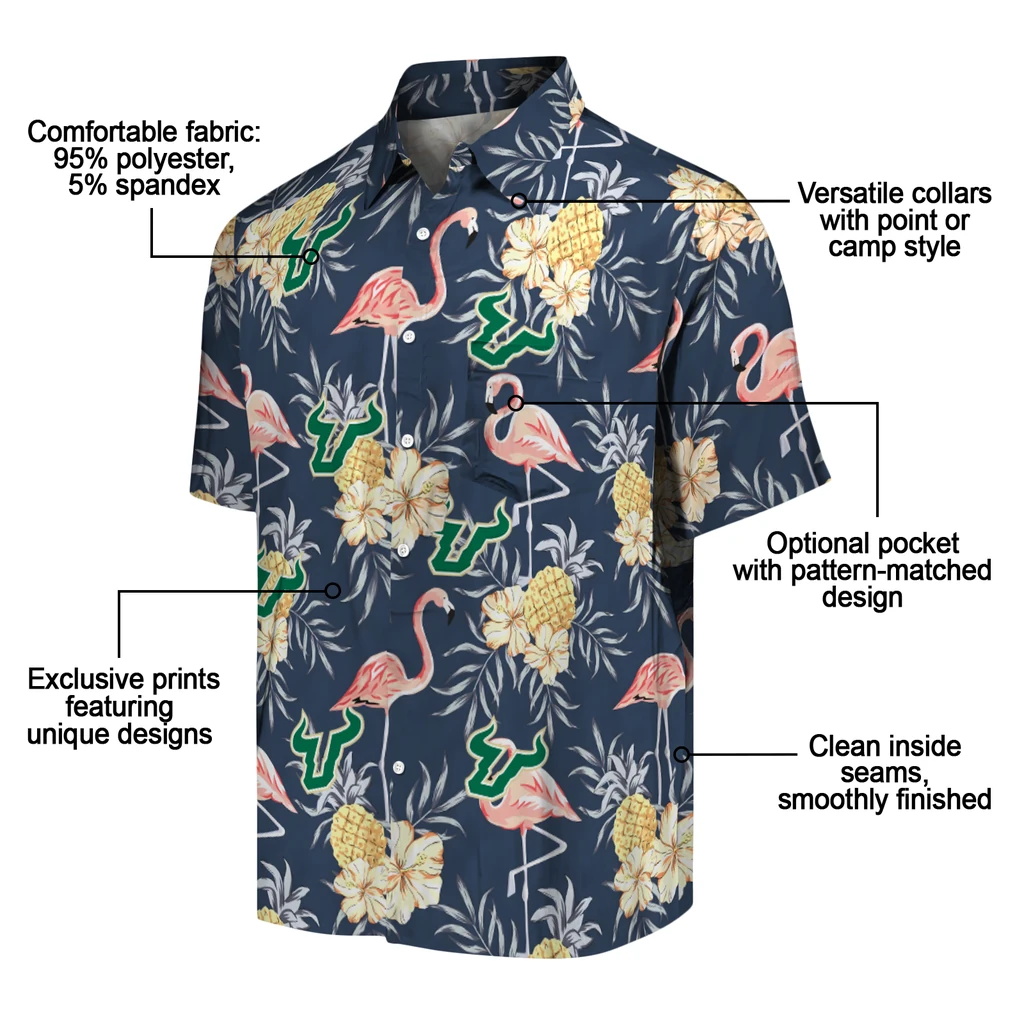 South Florida Bulls Hawaiian Shirt - Flamingo Hibiscus south florida bulls flamingo hibiscus navy hawaiian shirts new arrival
