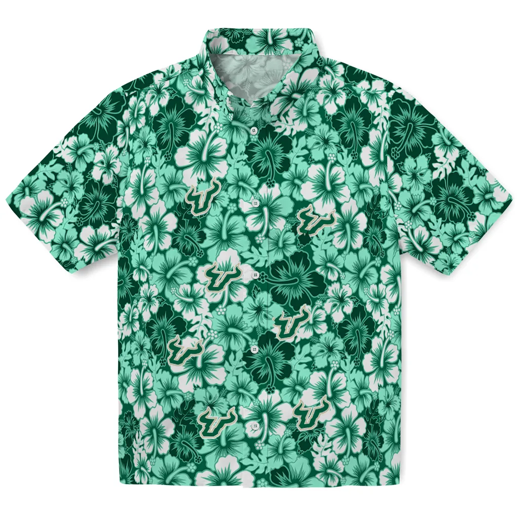 South Florida Bulls Hawaiian Shirt - Hibiscus Blooms south florida bulls hibiscus blooms green hawaiian shirts best selling