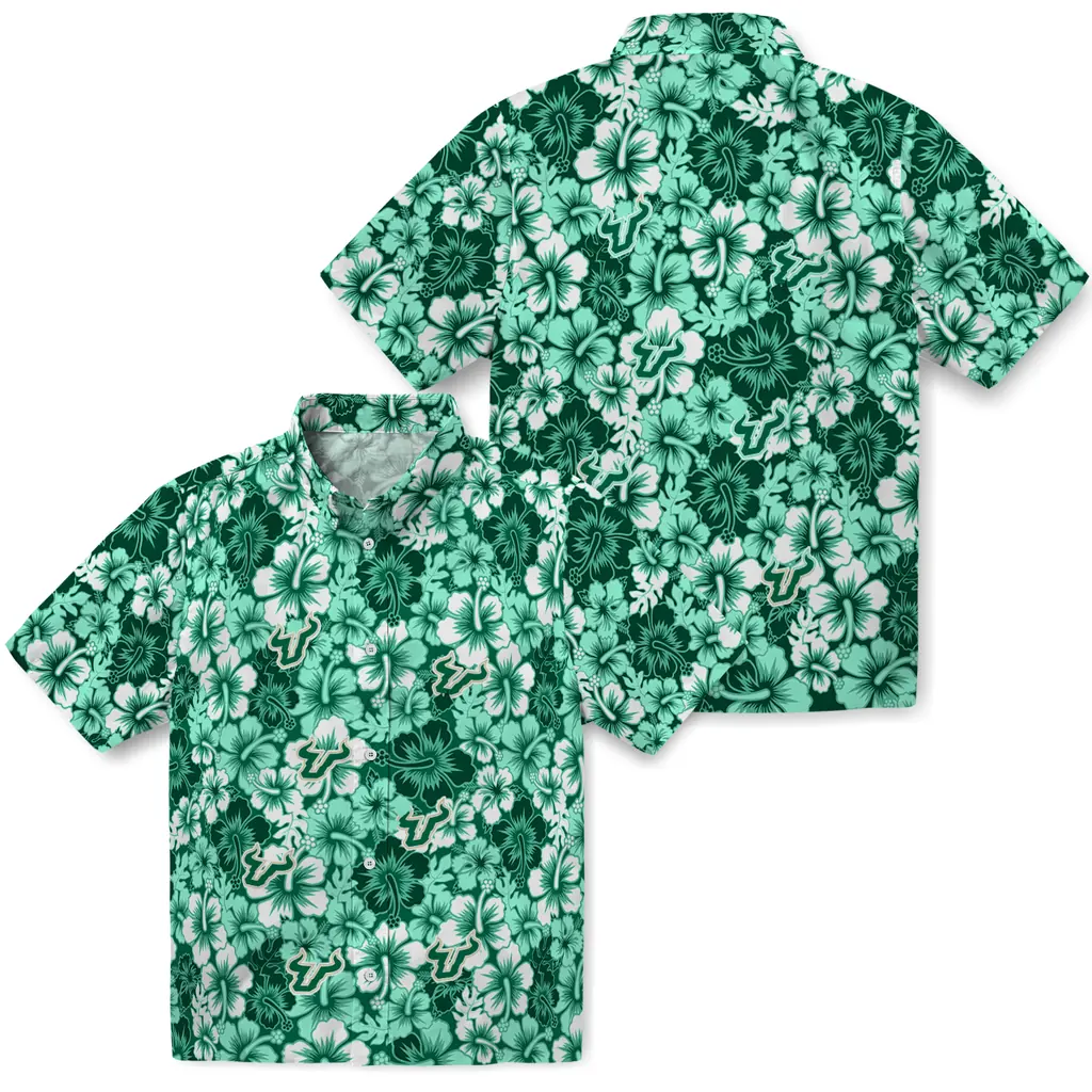 South Florida Bulls Hawaiian Shirt - Hibiscus Blooms south florida bulls hibiscus blooms green hawaiian shirts high quality