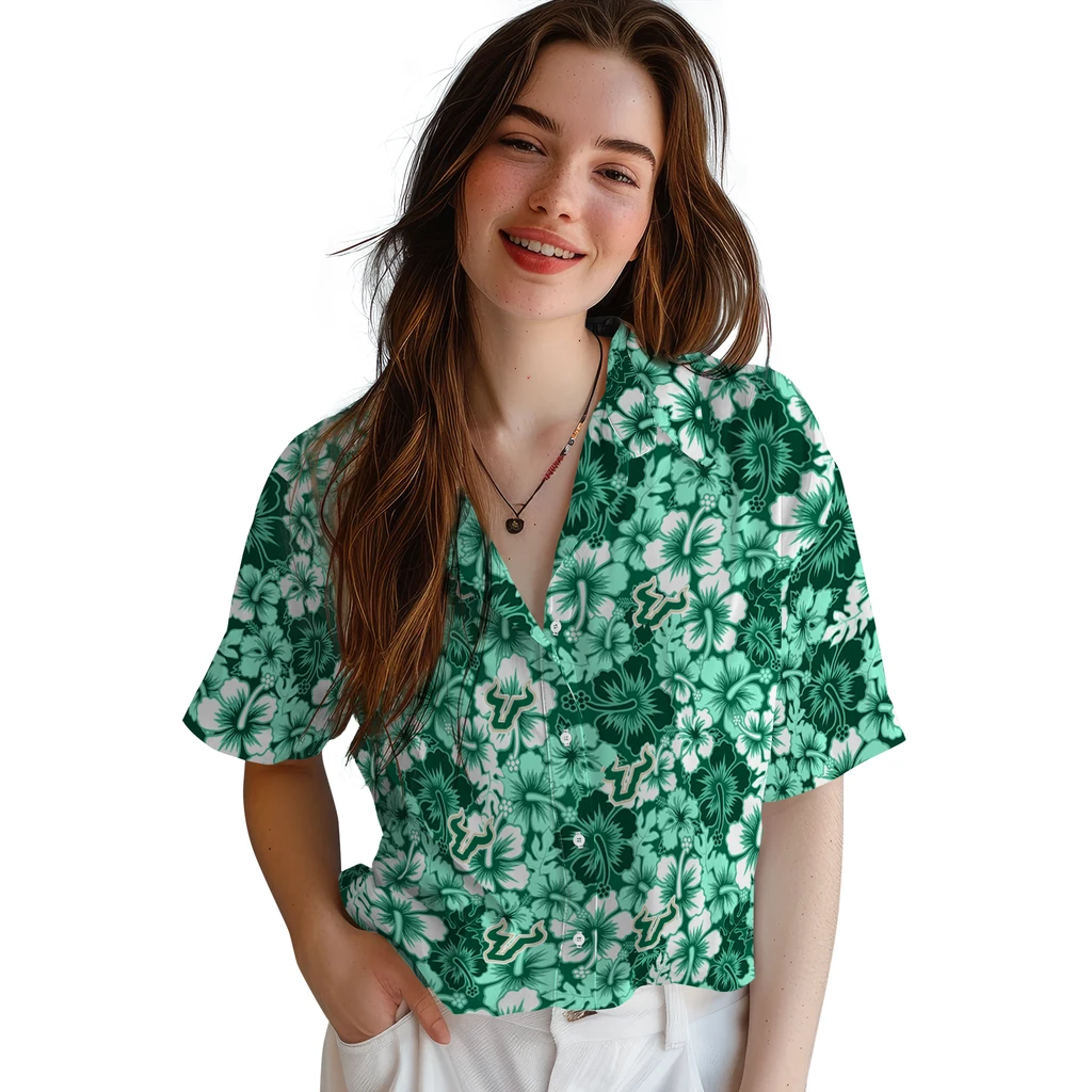 South Florida Bulls Hawaiian Shirt - Hibiscus Blooms south florida bulls hibiscus blooms green hawaiian shirts latest model