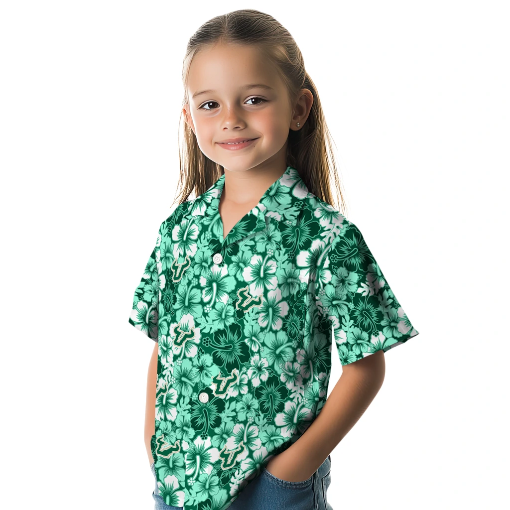 South Florida Bulls Hawaiian Shirt - Hibiscus Blooms south florida bulls hibiscus blooms green hawaiian shirts premium grade