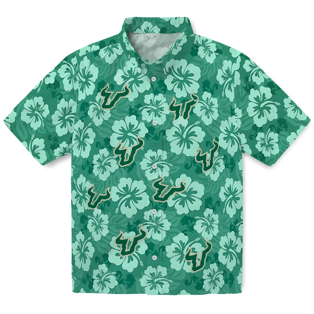 South Florida Bulls Hawaiian Shirt - Hibiscus Cluster south florida bulls hibiscus cluster green hawaiian shirts best selling