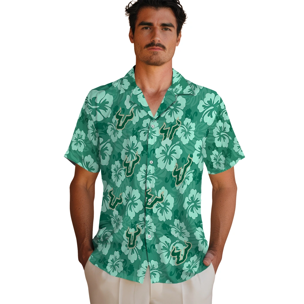 South Florida Bulls Hawaiian Shirt - Hibiscus Cluster south florida bulls hibiscus cluster green hawaiian shirts fashion forward
