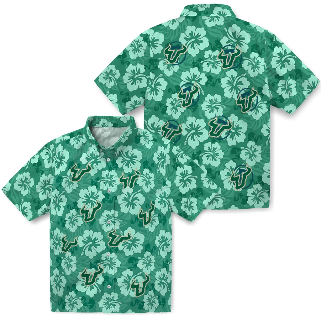 South Florida Bulls Hawaiian Shirt - Hibiscus Cluster south florida bulls hibiscus cluster green hawaiian shirts high quality