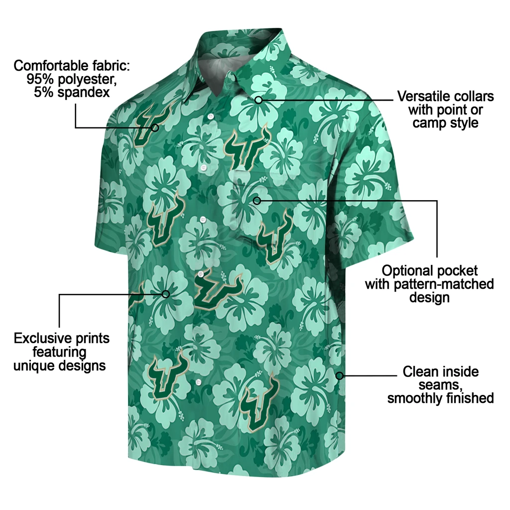 South Florida Bulls Hawaiian Shirt - Hibiscus Cluster south florida bulls hibiscus cluster green hawaiian shirts new arrival