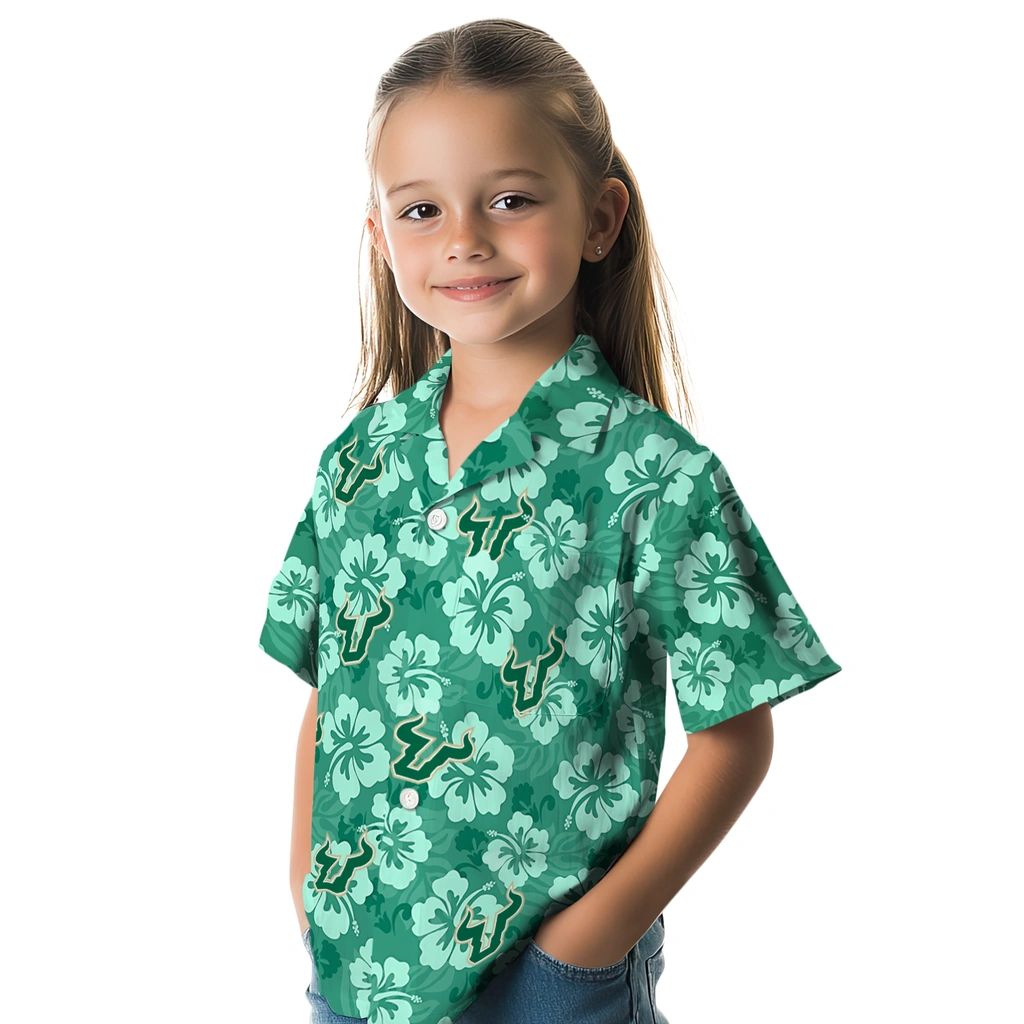 South Florida Bulls Hawaiian Shirt - Hibiscus Cluster south florida bulls hibiscus cluster green hawaiian shirts premium grade