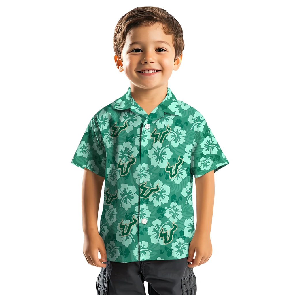 South Florida Bulls Hawaiian Shirt - Hibiscus Cluster south florida bulls hibiscus cluster green hawaiian shirts top rated