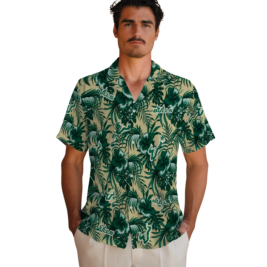 South Florida Bulls Hawaiian Shirt - Hibiscus Exotic south florida bulls hibiscus exotic green hawaiian shirts fashion forward