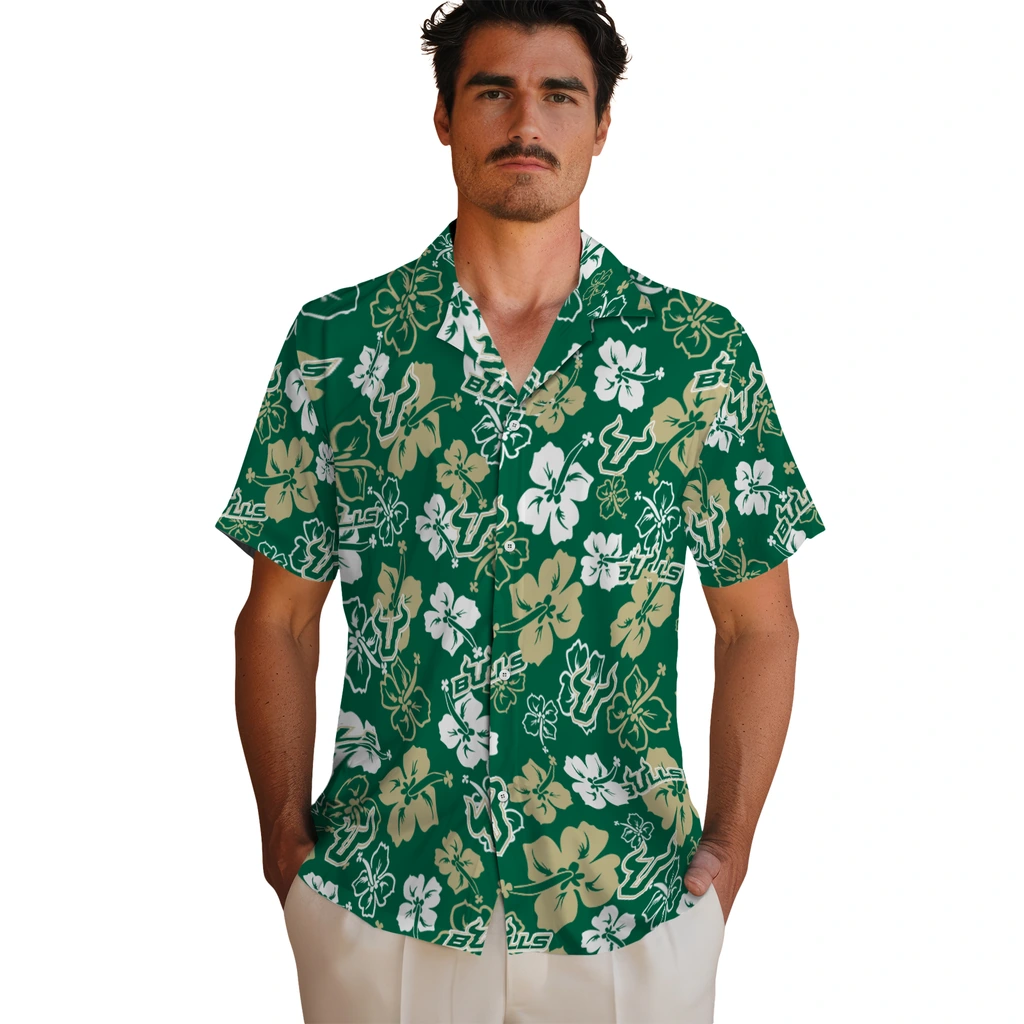 South Florida Bulls Hawaiian Shirt - Hibiscus Flower Design south florida bulls hibiscus bloom green hawaiian shirts fashion forward