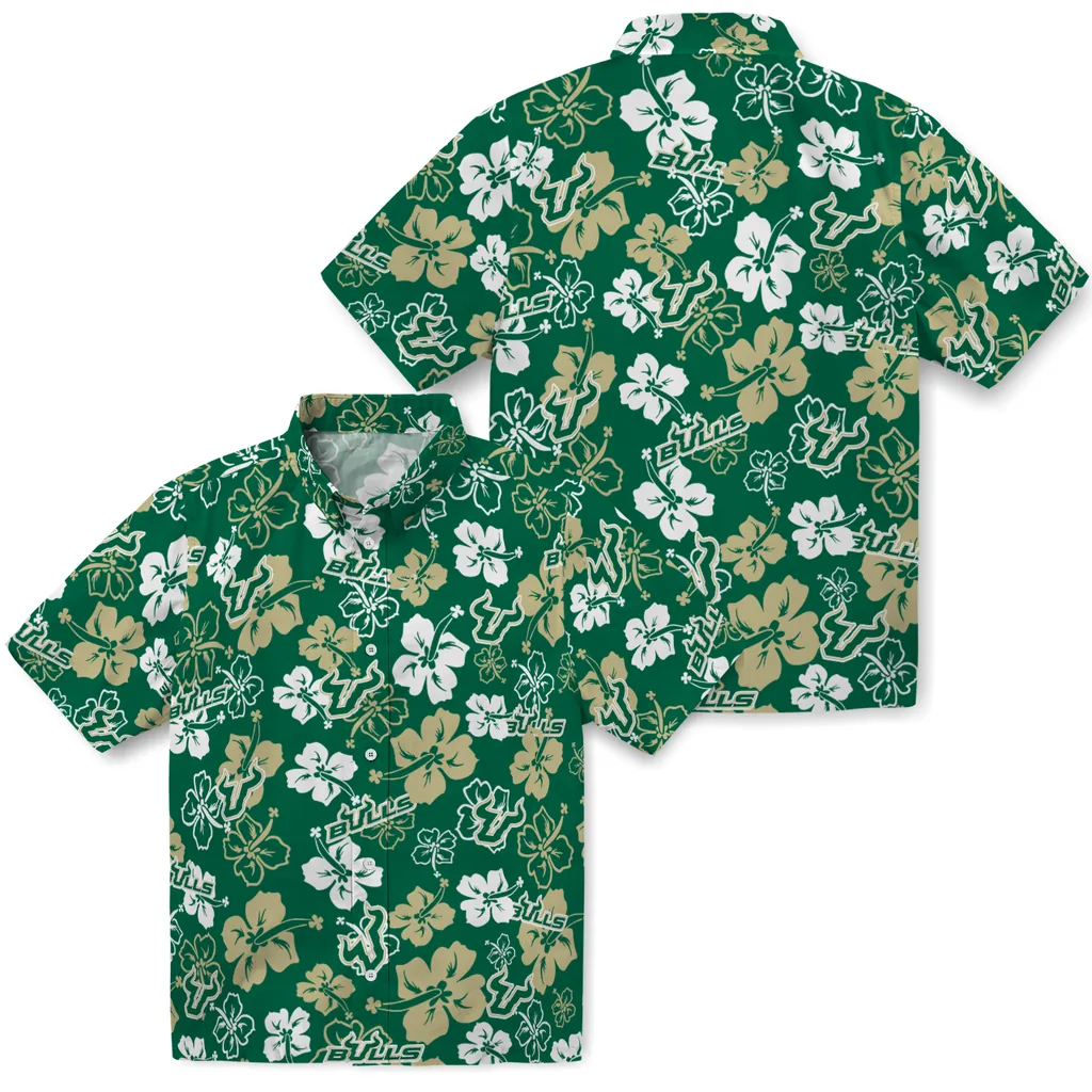 South Florida Bulls Hawaiian Shirt - Hibiscus Flower Design south florida bulls hibiscus bloom green hawaiian shirts high quality