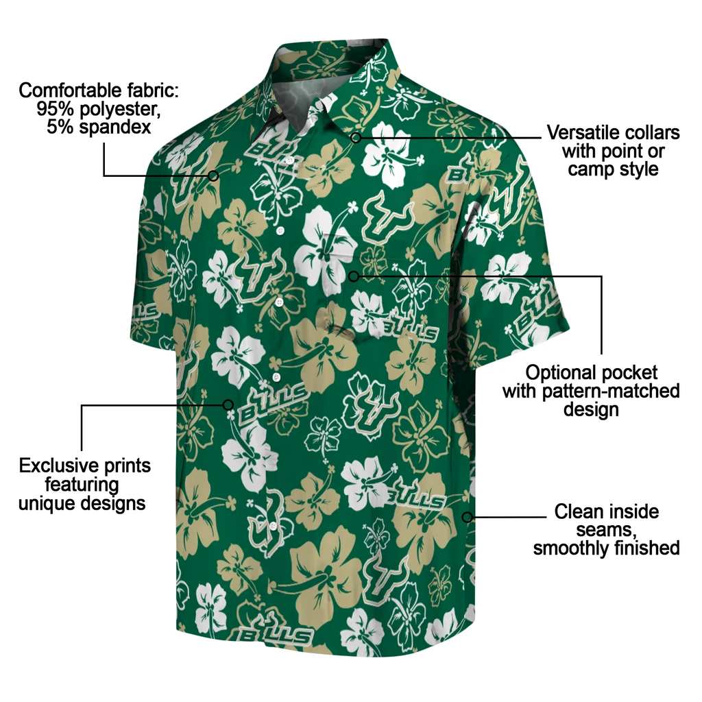 South Florida Bulls Hawaiian Shirt - Hibiscus Flower Design south florida bulls hibiscus bloom green hawaiian shirts new arrival
